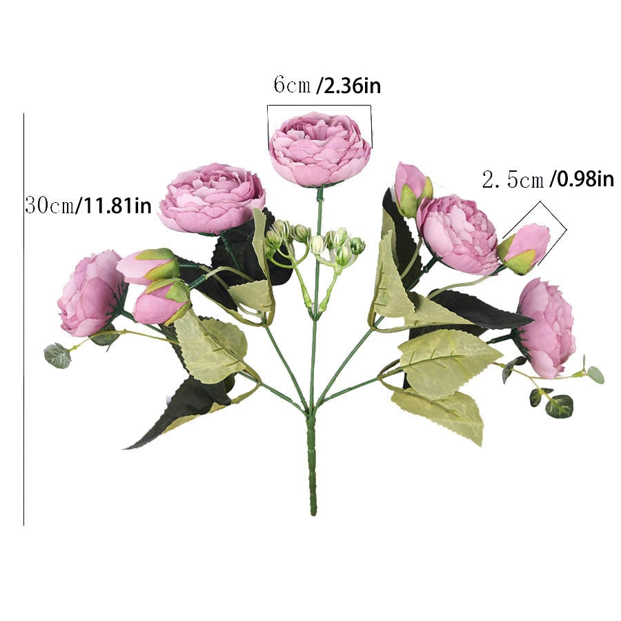 Rose pink silk bouquet peony artificial flowers 5 big heads 4 small bud bride wedding décor