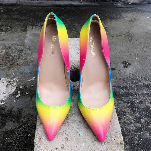 Veowalk Rainbow Colorful Patent Leather Women Sexy Stiletto Extemely High Heels, Fashion Pointed Toe Pumps Party Shoes