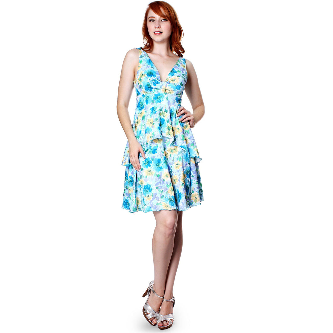 Evanese Women Floral Printed Casual Deep v Neck Short Tiered Cocktail Day Dress