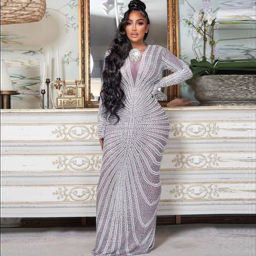 Womens dress shiny sequined crystal appliqued long gown