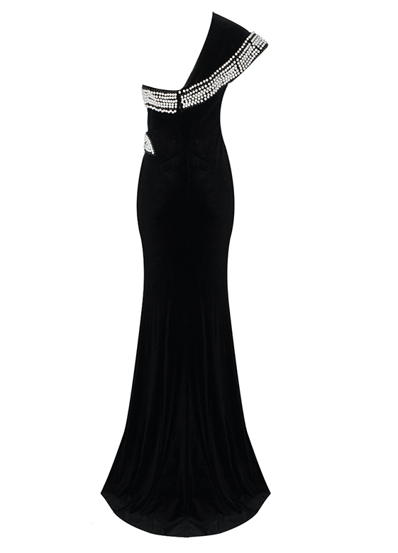 Long one shoulder velvet split pearl evening dress women