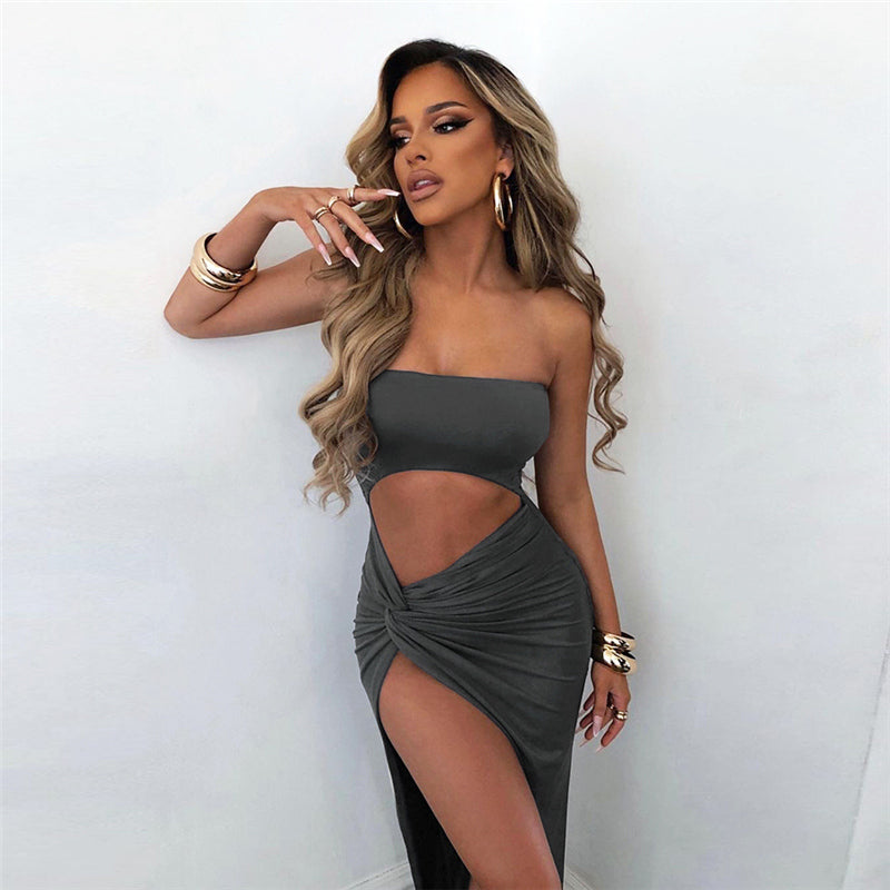 Fashion elegant dress chest wrapping sleeveless pleat side slit shaped waist robe