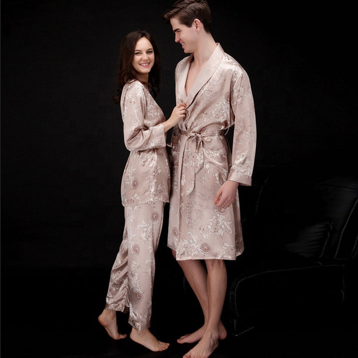 Dragon phoenix print men silk satin couple pajamas sets