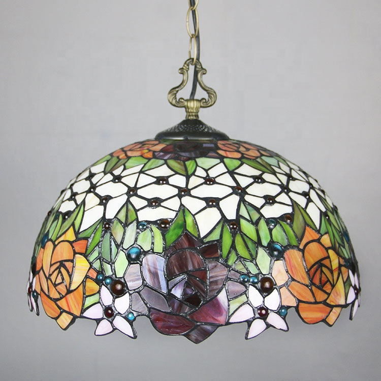 LongHuiJing Rose Tiffany Chandelier Ceiling Lights Colored Glass Restaurant Pendant Lamp