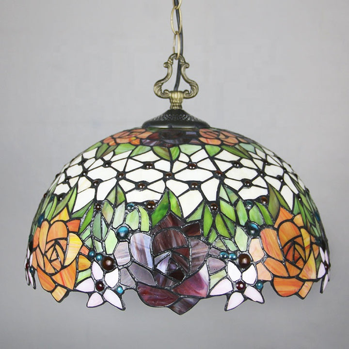 LongHuiJing Rose Tiffany Chandelier Ceiling Lights Colored Glass Restaurant Pendant Lamp