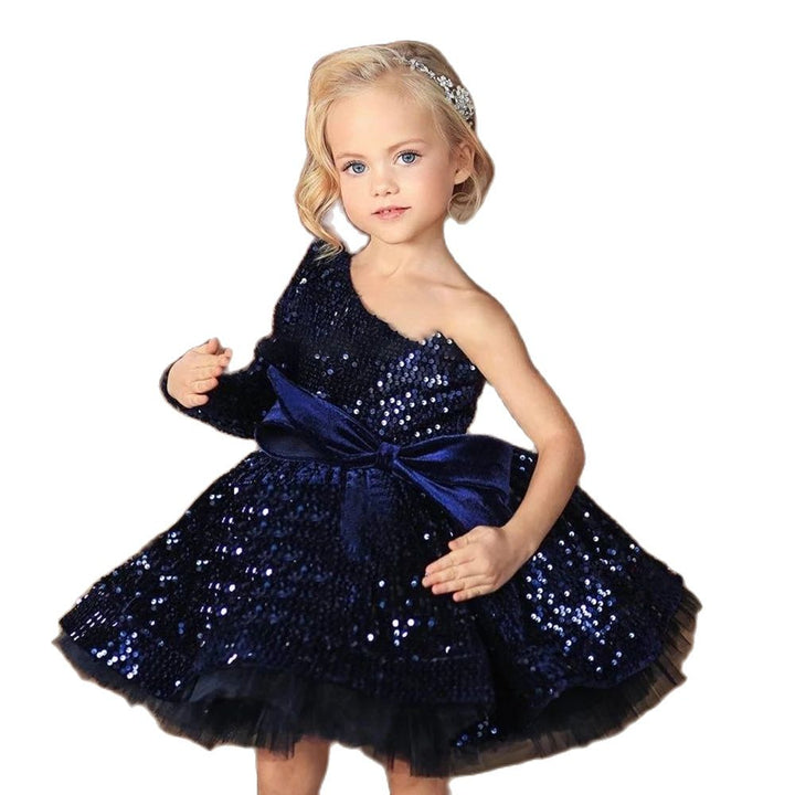 Navy Blue Cute Kids Flowers Girls Dresses Bows Pleat One Shoulder Fluffy Homecoming Dress Prince Ball Gowns Communion Dress Girl