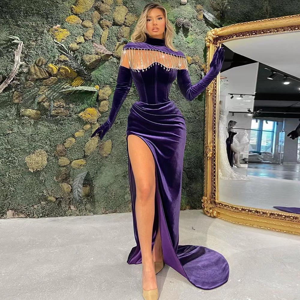 Women long sleeve with gloves mesh tassel long dress high split velvet gown