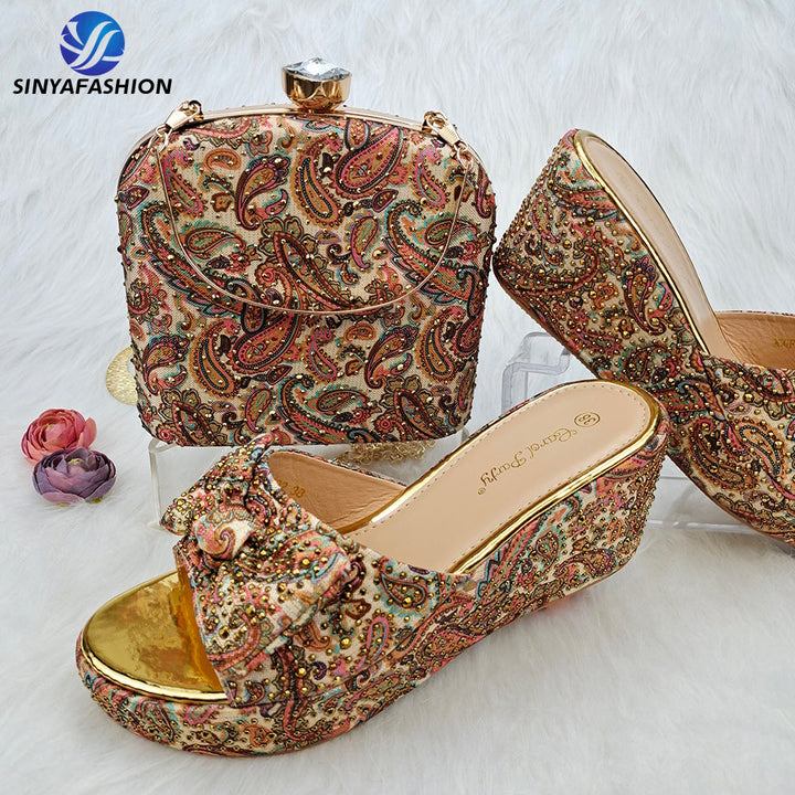 Sinya luxury beads gold italian style ladies matching Apparel & Accessories > Shoes and bags set