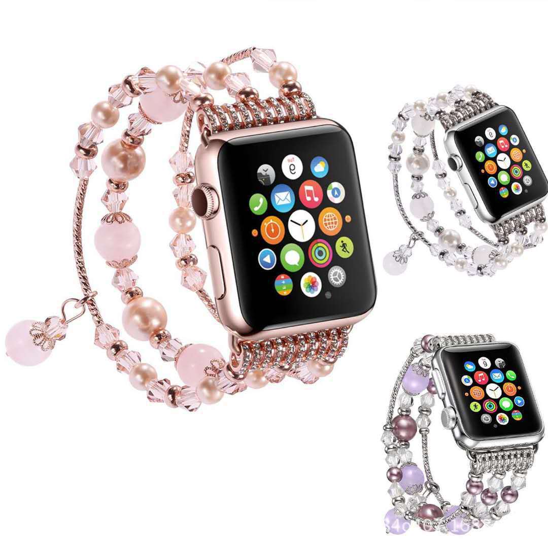 Fashion Stainless Steel Jewelry Wrist Pearl Strap Beaded Bracelet Watch Bands 38mm 40mm 42mm 44mm for Apple Watch Bands