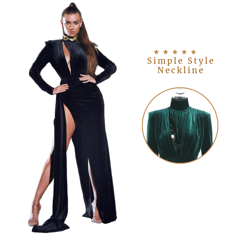 Long sash suede green cutout high slit velvet dress womens hep style