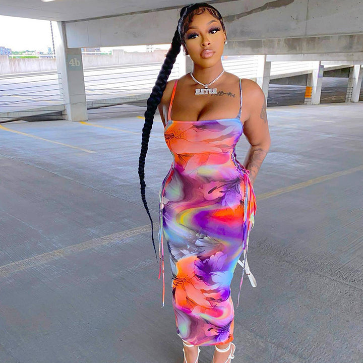 Colorful womens midi print sling dress side cutout bodycon