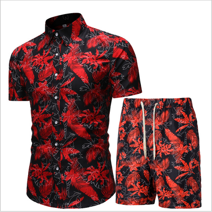 Mens 2 pc hawaiian shirt and shorts sets sleeve floral beach