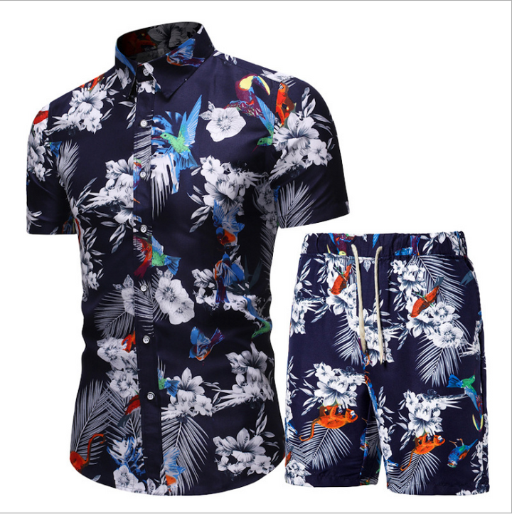 Mens 2 pc hawaiian shirt and shorts sets sleeve floral beach