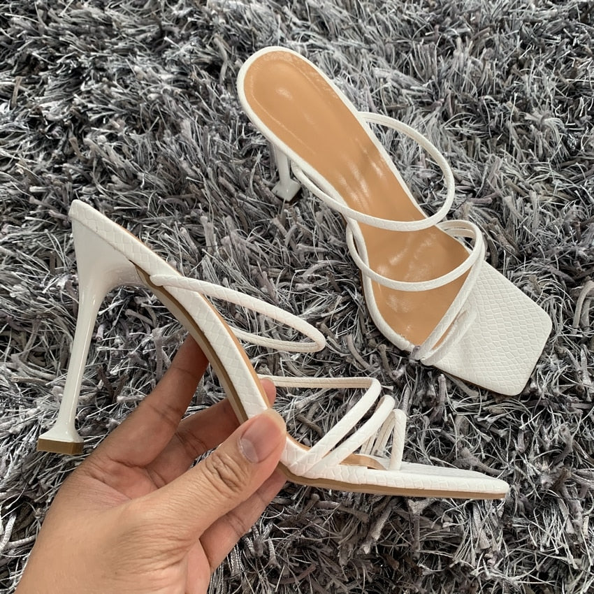 2020 Summer Women Sandals Square Toe Ladies Heel Mules Sexy Thin High Heels Sandals Slippers Female Fashion Woman Shoes 10.5CM