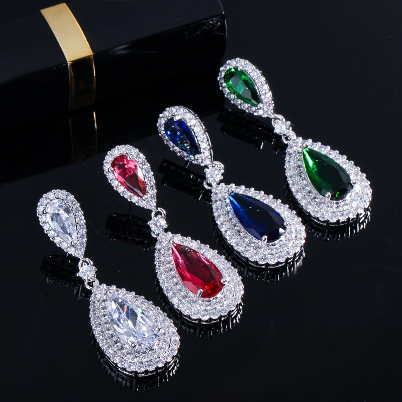 Teardrop cubic zirconia crystal royal green water drop earings luxury wedding jewelry