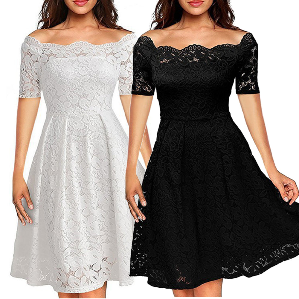 Womens elegant round neck white dress womens elegant lace a line