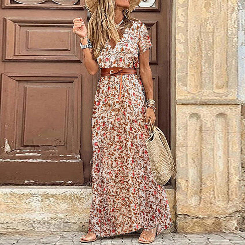 Womens long dress summer v neck boho belted maxi casual beach party