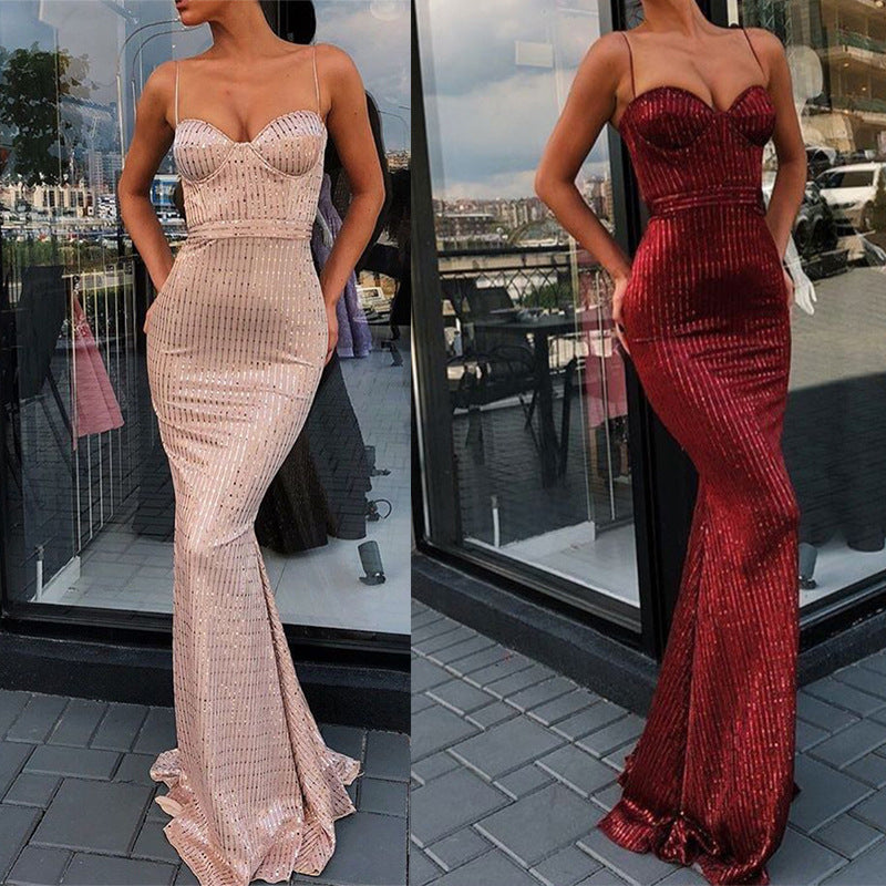 V neck mermaid cocktail dress long sequins sleeveless backless