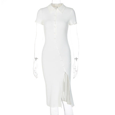 Womens bodycon short sleeve button turn down collar casual split midi