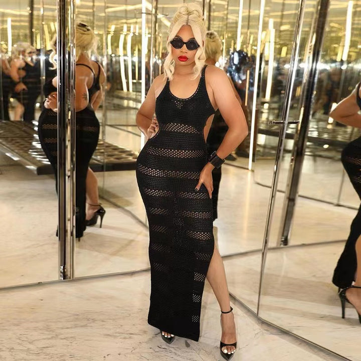 Mesh see through black women dress