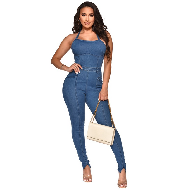 Denim womens rompers spaghetti straps long skinny backless 1 pc overalls