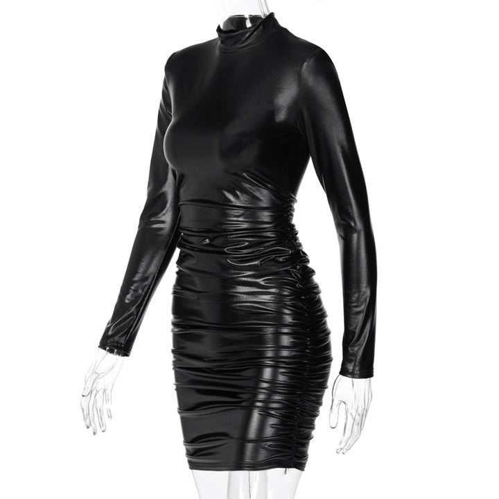 2022 popular spring long sleeveblack pu leather party dress for women