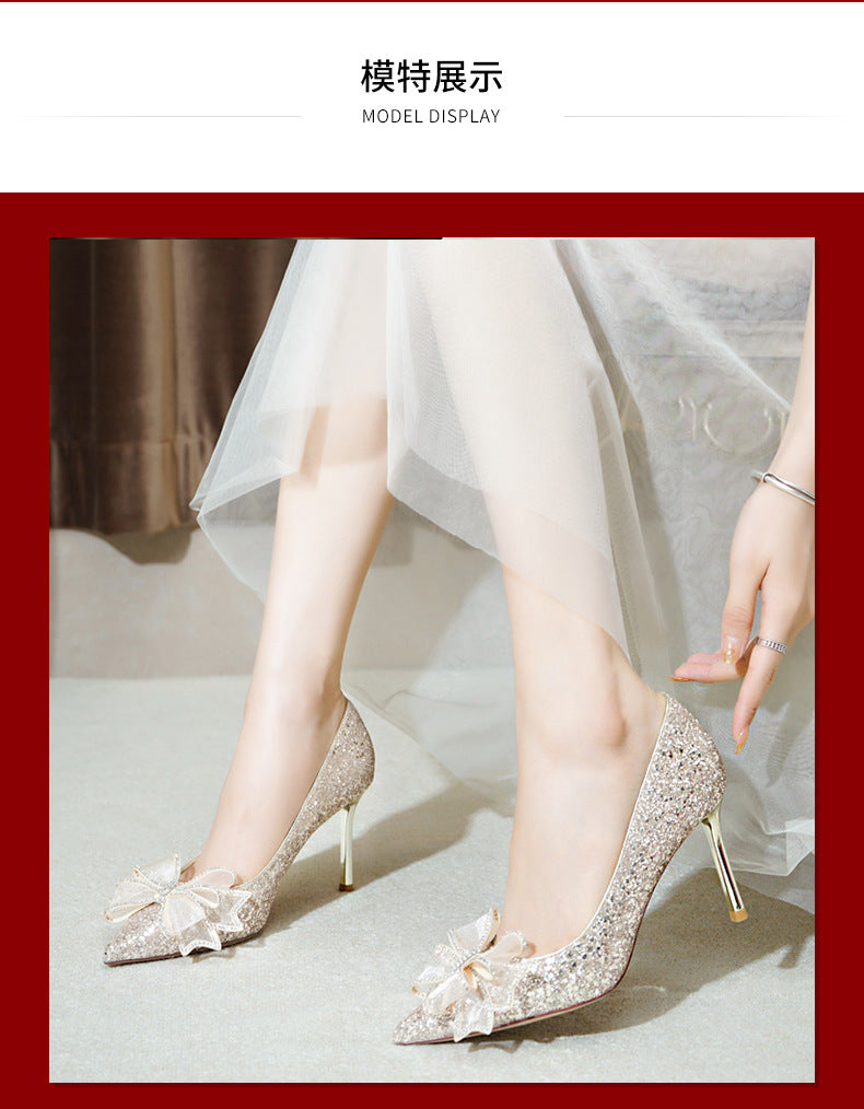 New Pretty Big Bow Lady Girls Dress Glitter Shoes Pointed Toe High Heels Bridal Wedding Pumps Shoes