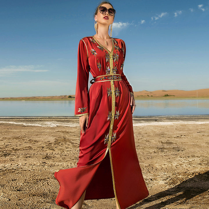 Hand-Stitched Drill Women's Arabian Dress Party Robe Moroccan Kaftan