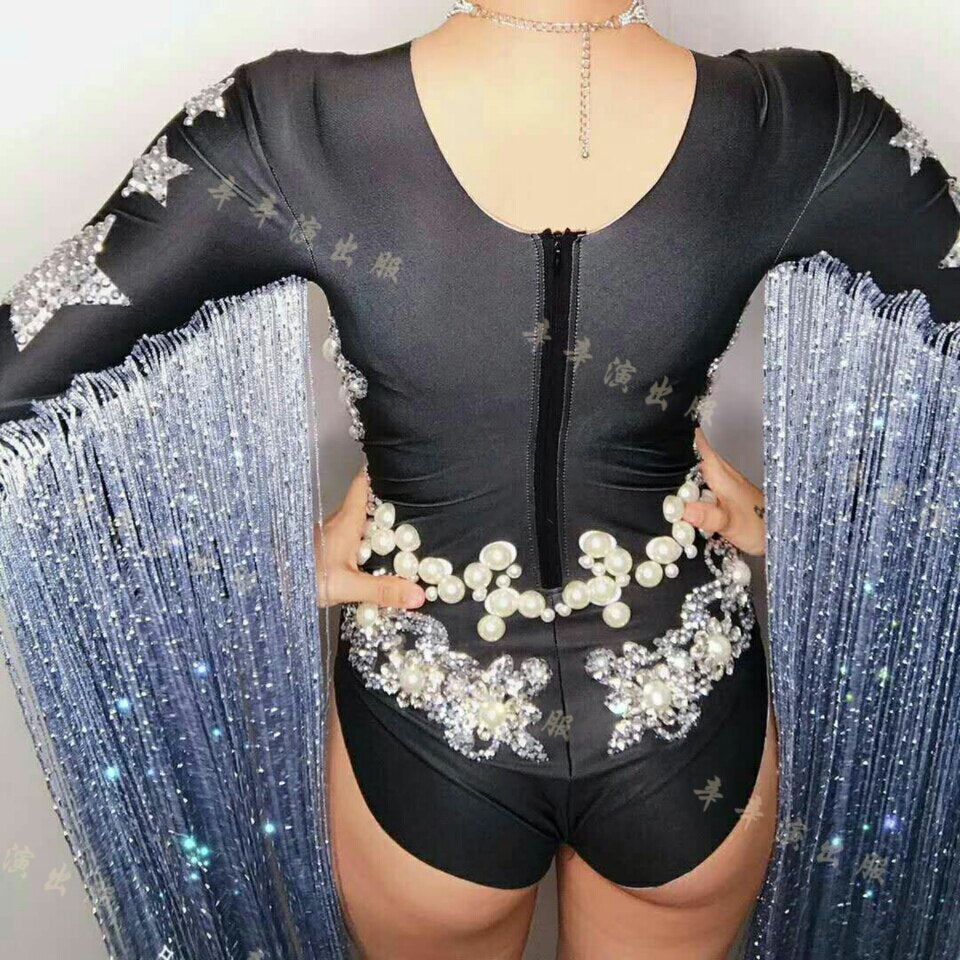 Gray Tassel Crystals Stars Bodysuit Women Stage Dance Fringes Leotard Nightclub Party Female Singer Costume Celebrate Outfit