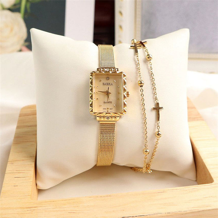 Fashion 18k gold plated waterproof womens mesh belt square quartz