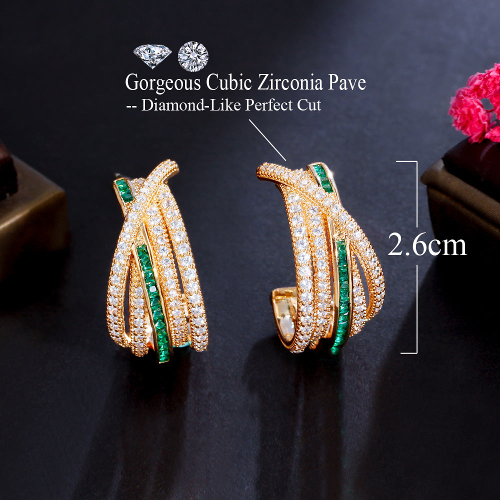 Geometric Multiple Chunky Twisted Round Green Cubic Zirconia Hoop Earrings for Women Yellow Gold Plated CZ Hip Hop Jewelry