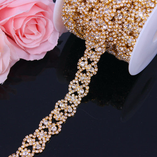 Fancy Rose Gold Fashion Crystal Rhinestone Cup Chain Trimming Bridal Dress Decoration for Wedding Dresses Garment Applique Trim