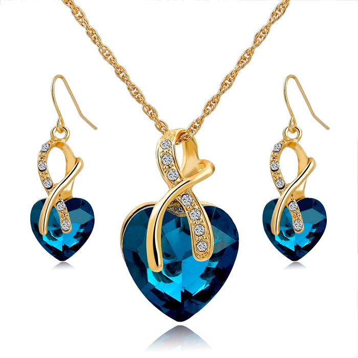 Austrian crystal necklace earrings gold heart crystal jewelry set for women