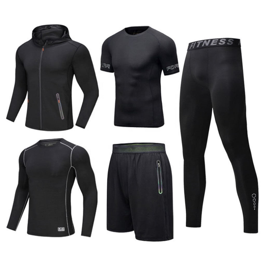 Wholesale Gym Wear Men 5 Pieces Running Compression Tights Jogging Sweat Suits Running Sportswear Sets Gym Clothing Men