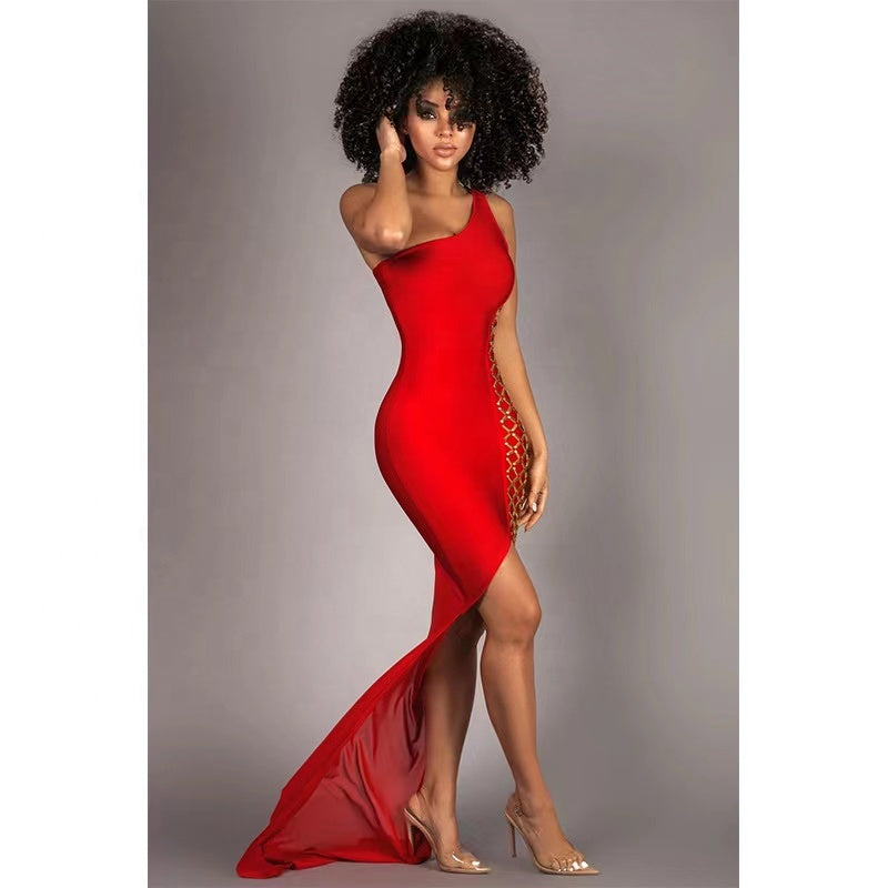 Women one shoulder beaded red mesh mermaid bodycon dress