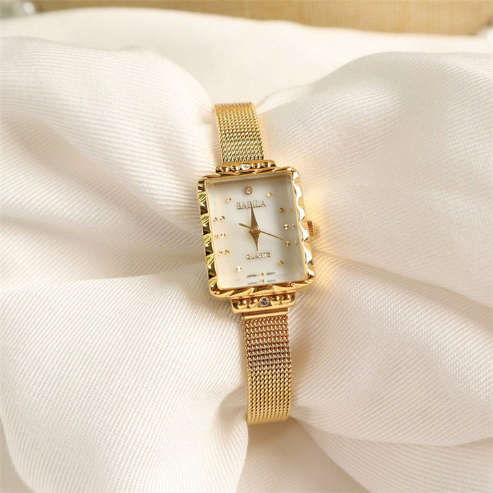 Fashion 18k gold plated waterproof womens mesh belt square quartz