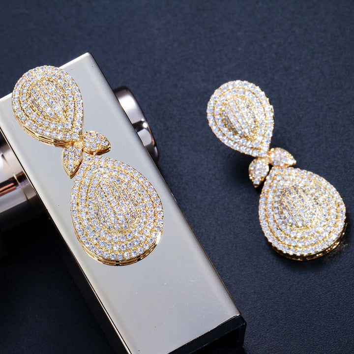 Jewelry micro cz cubic zirconia long golden plated bridal earrings for women