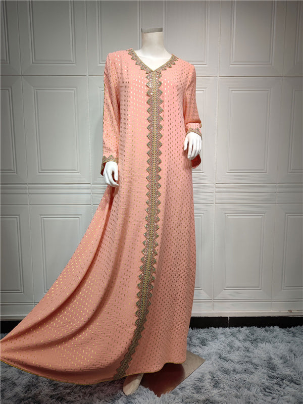 Hotstamping muslim robe women kaftan rhinestones lace long sleeve dress