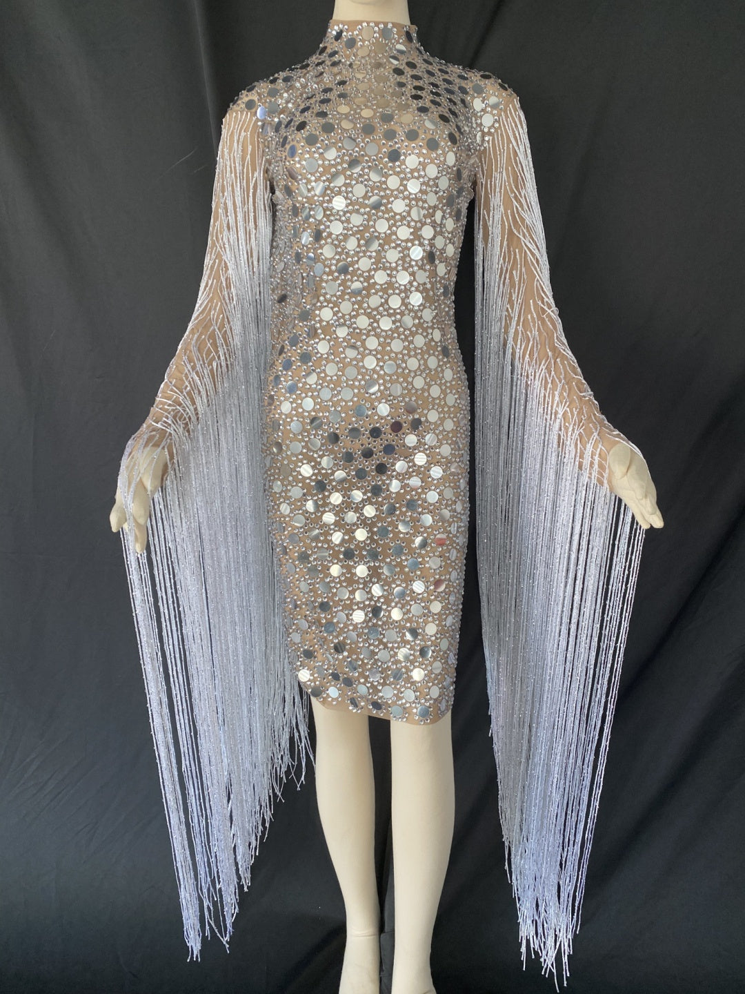 Fashion silver rhinestone sequin tassel sleeve ballroom dress