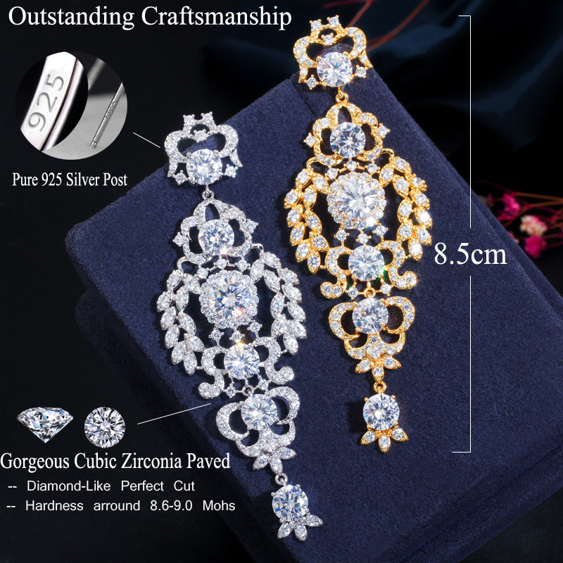 85mm Exclusive Extra Long Leaf Drop Dangle Cubic Zircon Wedding Engagement Party African Gold Plated Earrings for Women Jewelry