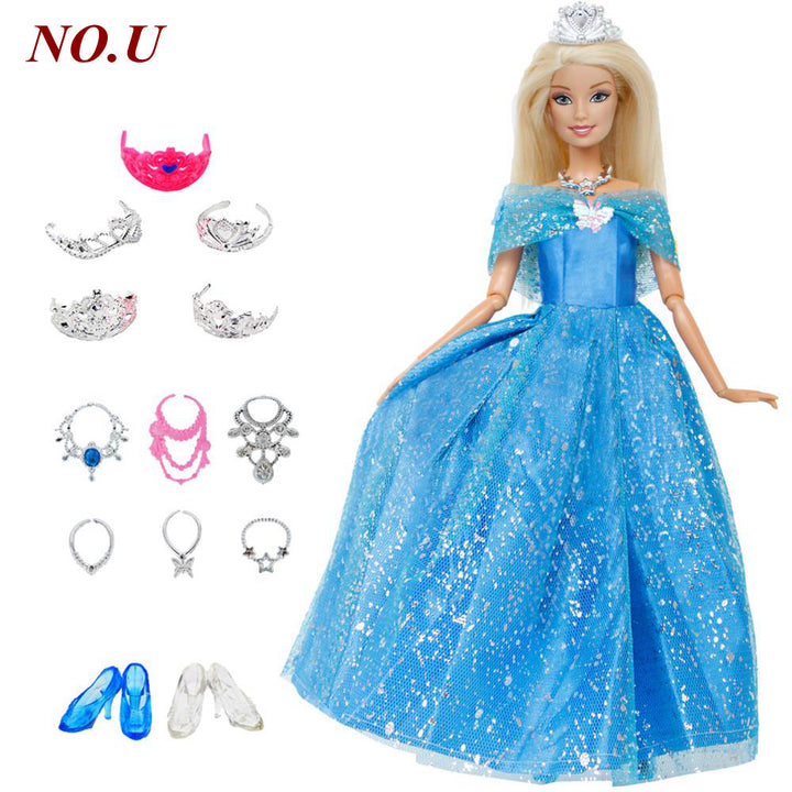 14 Pcs / Lot = 1x Fairy Tale Doll Dress + 13x Random Accessories Shoes Handbag Glasses Clothes for Barbie Doll Baby Girl Toys