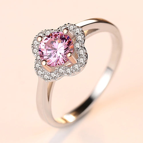 Womens 925 silver flower shape wedding ring with clear pink zircon crystal stone