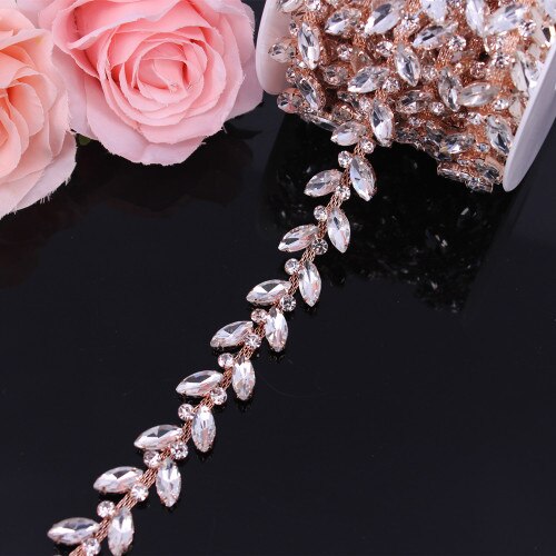 Fancy Rose Gold Fashion Crystal Rhinestone Cup Chain Trimming Bridal Dress Decoration for Wedding Dresses Garment Applique Trim