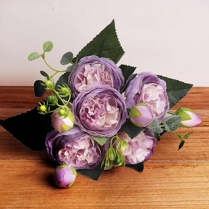 Rose pink silk bouquet peony artificial flowers 5 big heads 4 small bud bride wedding décor