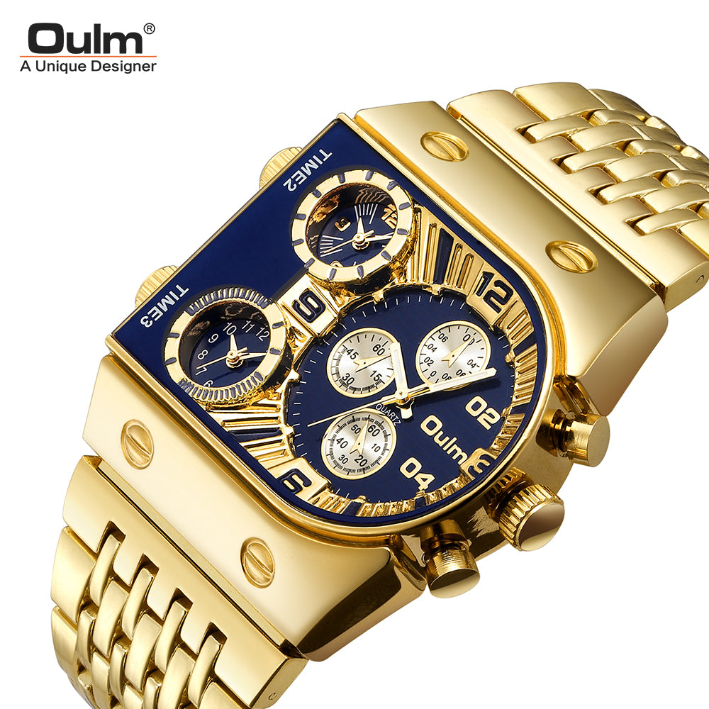 Fancy mens quartz wrist watch luxury gold strap 3 clock waterproof