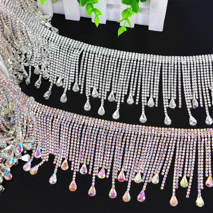 1 Yard Handmade Silver Sewing Tassel Fringe DIY Sew on Trimming Bridal Crystal Clear Rhinestone Patch Appliques for Bridal Dress