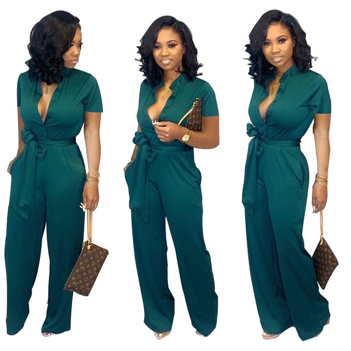 Women jumpsuit short sleeve elegant long wide leg pants overalls high waist