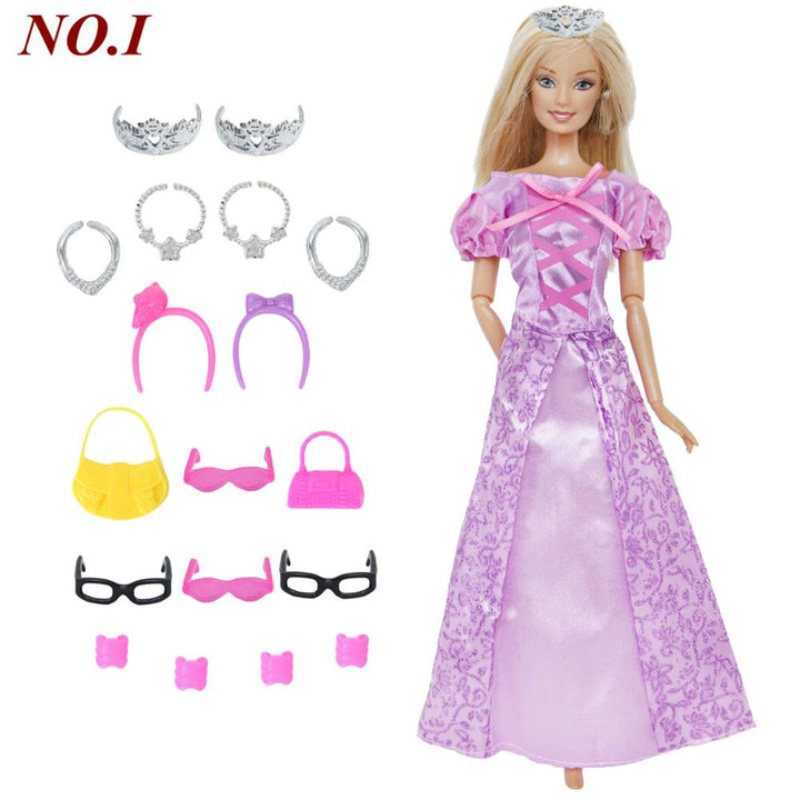 14 Pcs / Lot = 1x Fairy Tale Doll Dress + 13x Random Accessories Shoes Handbag Glasses Clothes for Barbie Doll Baby Girl Toys