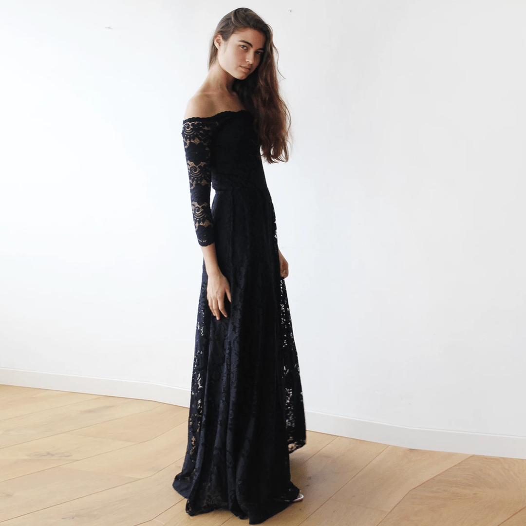 Off-The-Shoulder Black Floral Lace Long Sleeve Maxi Dress 1119