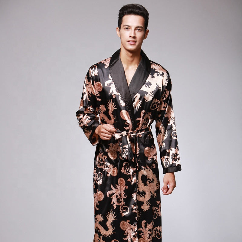 Dragon phoenix print men silk satin couple pajamas sets